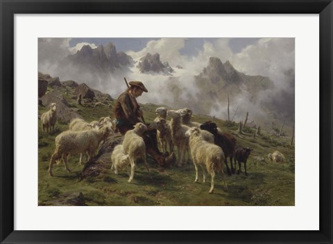 Framed Shepherd Boy in the Pyrenees Offering Salt to his Sheep, 1864 Print