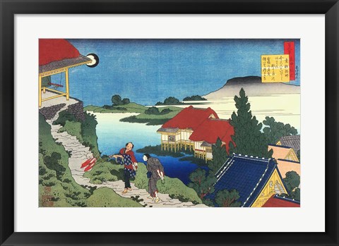 Framed Man Walks up to a Temple in the Early Morning Print