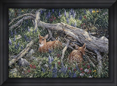 Framed Fawns And Flowers Print