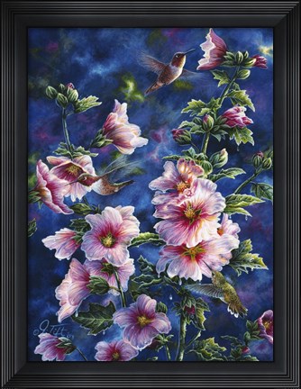 Framed Hollyhocks And Hummingbirds Print