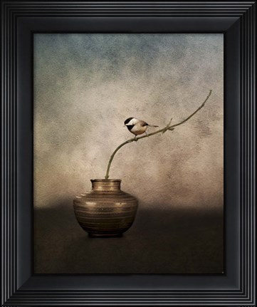 Framed Black Capped Chickadee On A Vase Print