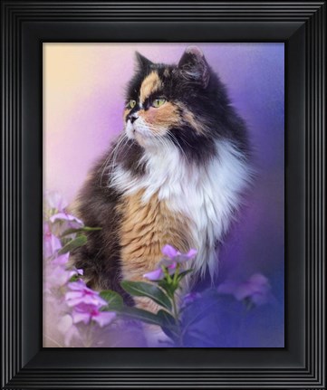 Framed Calico Kitty In The Garden Print