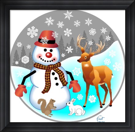 Framed Snowman Forest Animals Print