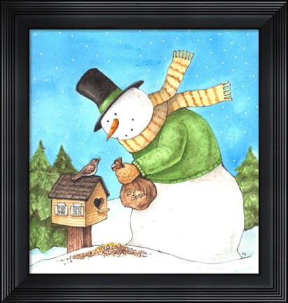Framed Snowman Green Bird Print