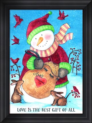 Framed Loves Bird Seeds Snowman With Border Print