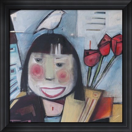 Framed Girl With Flowers And Bird Print