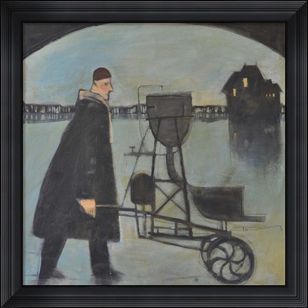 Framed Man Walking Machine On Beach 2 Print