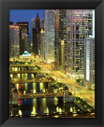 Framed Skyscrapers at Night, Chicago River, Illinois Print