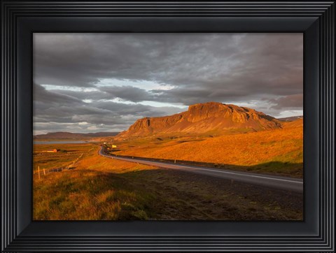 Framed Sunset over Road, Borgarfjordur, Iceland Print