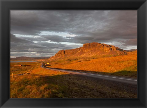 Framed Sunset over Road, Borgarfjordur, Iceland Print