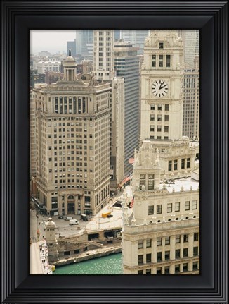 Framed Clock tower along a river, Wrigley Building, Chicago River, Chicago, Illinois, USA Print