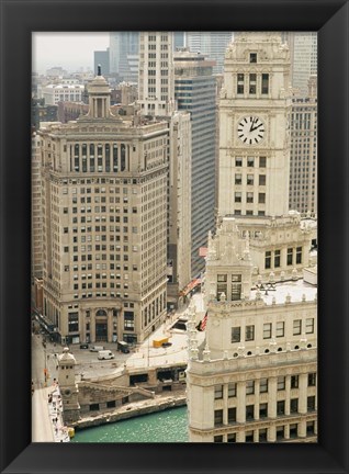 Framed Clock tower along a river, Wrigley Building, Chicago River, Chicago, Illinois, USA Print