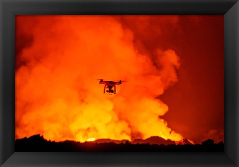 Framed Radio Contolled Drone flying over Eruption, Holuhraun Fissure, Bardarbunga Volcano, Iceland. Print