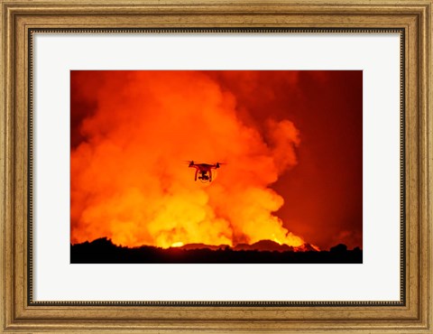 Framed Radio Contolled Drone flying over Eruption, Holuhraun Fissure, Bardarbunga Volcano, Iceland. Print