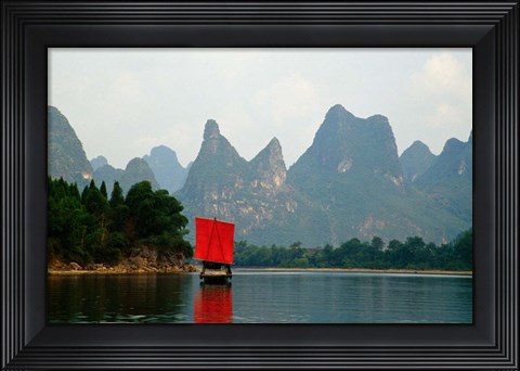 Framed Boat on Li River, Guilin, China Print
