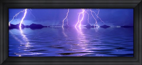 Framed Lightning over the sea Print