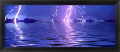 Framed Lightning over the sea Print