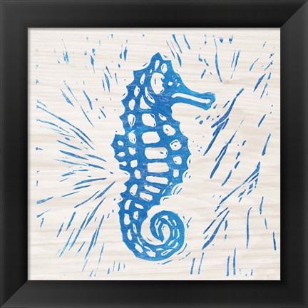 Framed Sea Creature Seahorse Blue Print