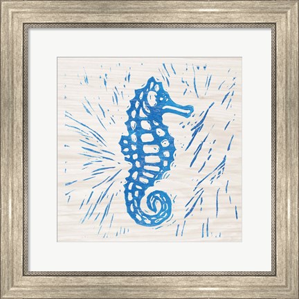 Framed Sea Creature Seahorse Blue Print