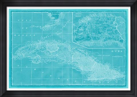 Framed Map of Cuba in Aqua Print