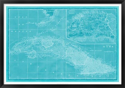 Framed Map of Cuba in Aqua Print