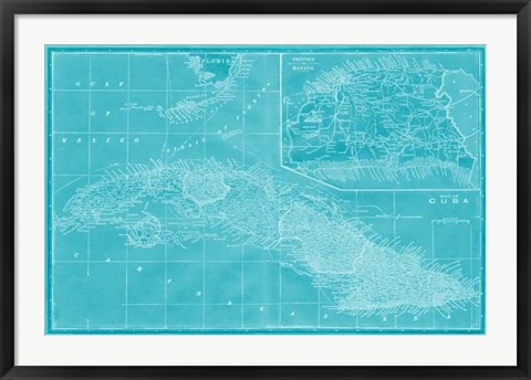 Framed Map of Cuba in Aqua Print