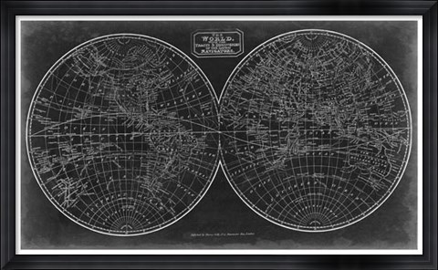 Framed Blueprint of the World in Hemispheres Print