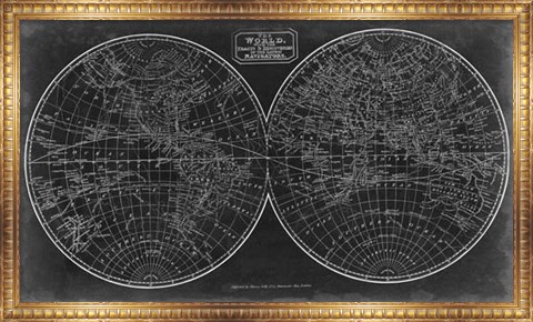 Framed Blueprint of the World in Hemispheres Print