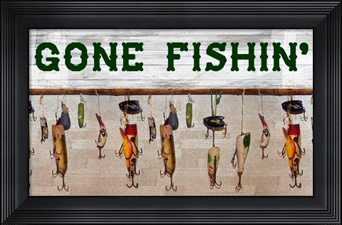 Framed Gone Fishin&#39; Wood Fishing Lure Sign Print