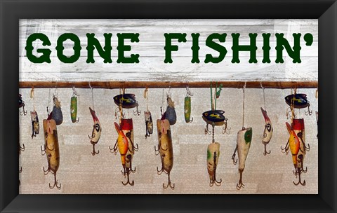 Framed Gone Fishin&#39; Wood Fishing Lure Sign Print