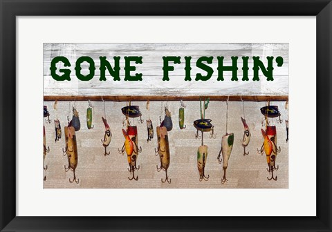 Framed Gone Fishin&#39; Wood Fishing Lure Sign Print