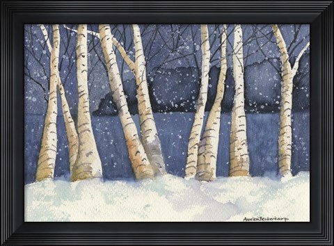 Framed Birch, Snowy Night Print
