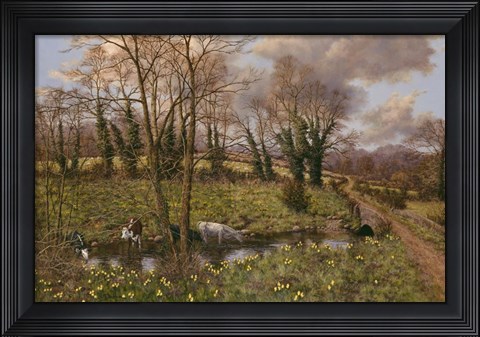 Framed Cattle And Daffodils Print