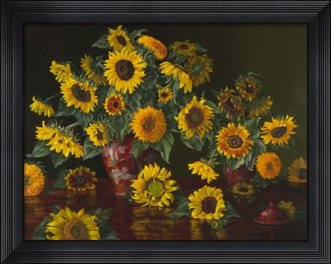 Framed Sunflowers with Two Crimson Vases Print
