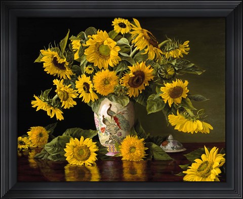 Framed Sunflowers in a Chinese Peacock Vase Print