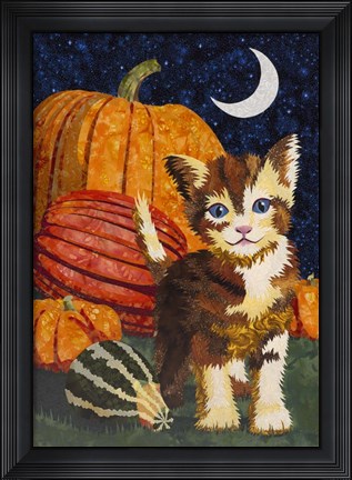 Framed Calico Kitten &amp; Pumpkins Print