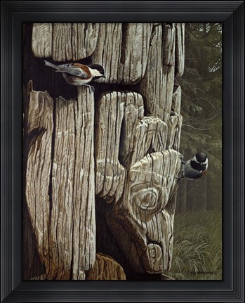 Framed Chickadees On Totem Print