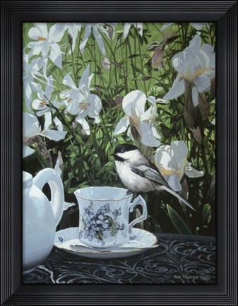 Framed Chickadee And Teacup Print