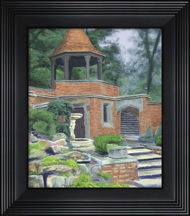 Framed Brick Building and Bird Bath Print