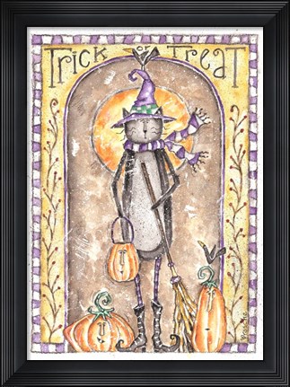 Framed Trick or Treat Cat Witch Print