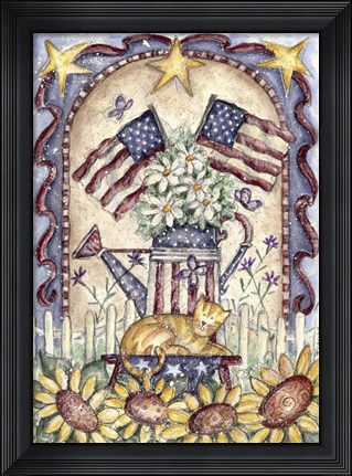 Framed Garden Cat and Flags Print