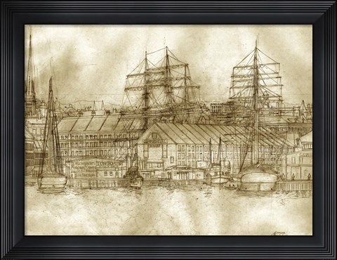 Framed Boston Harbor c. 1877 Sepia Tone Print