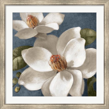 Framed Magnolias on Blue I Print