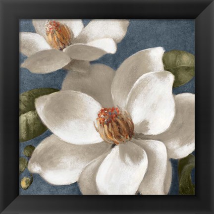 Framed Magnolias on Blue I Print