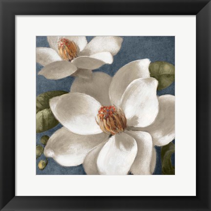 Framed Magnolias on Blue I Print