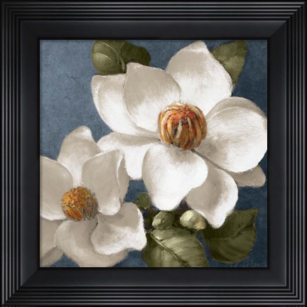 Framed Magnolias on Blue II Print