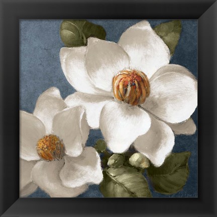 Framed Magnolias on Blue II Print