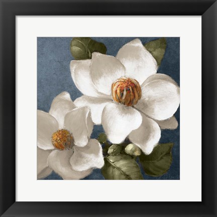 Framed Magnolias on Blue II Print