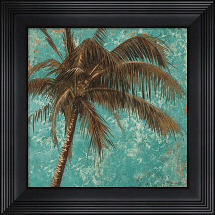 Framed Palm on Turquoise I Print