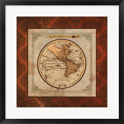 Framed Red Damask Map I Print